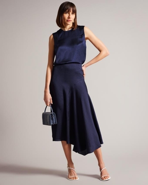 Jupe Ted Baker Hammered Satin Slip Bleu Marine Femme | NSF-05128644